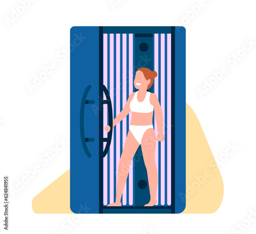 Smiling woman walks into tanning booth. Happy female in solarium salon. Beauty spa procedure. Ultraviolet lamp equipment. Indoor tan machine. Suntanning girl in bikini. Vector concept