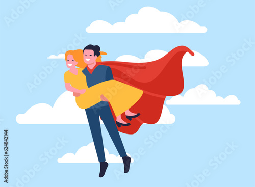 Superman saves woman. Powerful man carries female in arms. Brave hero flying with lady. Protection and rescue girl. Superhero in costume with red mantle. Comic character. Vector concept
