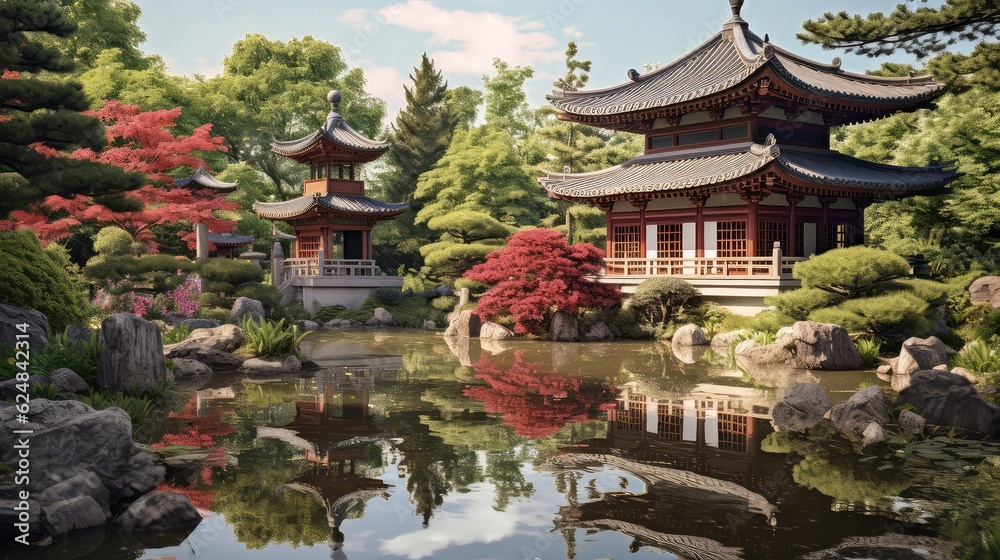A traditional Japanese temple photo realistic illustration - Generative AI.