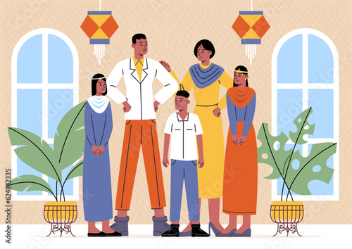Traditional Indian family. Cartoon people in home room interior. Happy parents standing together with children. Ethnic wearing. Hindu dresses and costumes. National clothing. Vector concept