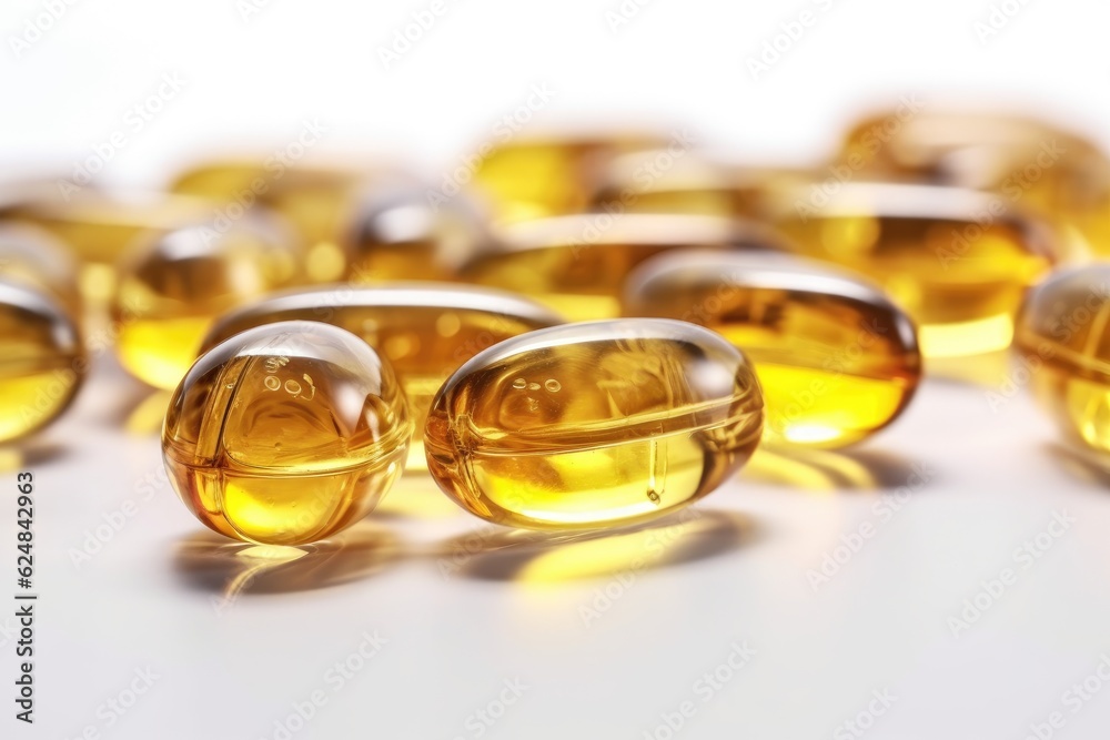 Vitamin transparent capsules with yellow oil on a white background. Vitamin transparent capsules with yellow oil on a white background.