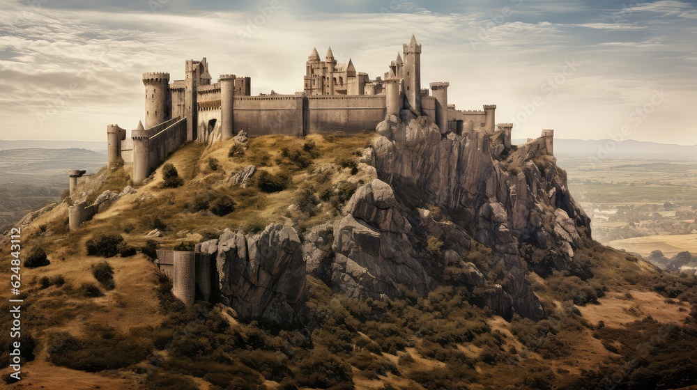 An ancient castle photo realistic illustration - Generative AI. An ancient castle photo realistic illustration - Generative AI.