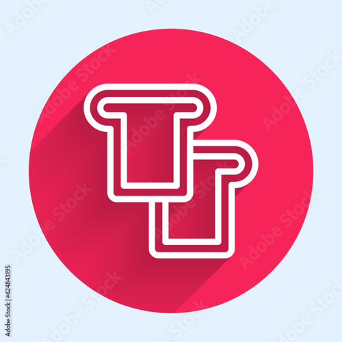White line Bread toast for sandwich piece of roasted crouton icon isolated with long shadow background. Lunch, dinner, breakfast snack. Red circle button. Vector