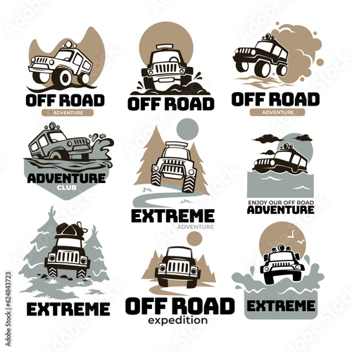 Off road extreme expedition and adventure, labels and emblems