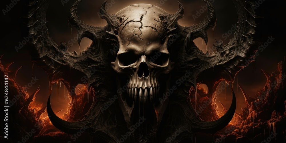 Terrifying giant skeleton skull gateway to demonic lord of hatred in hell, fire and lava landscape of destruction - only death of souls awaits in this evil underworld - generative AI Terrifying giant skeleton skull gateway to demonic lord of hatred in hell, fire and lava landscape of destruction - only death of souls awaits in this evil underworld - generative AI