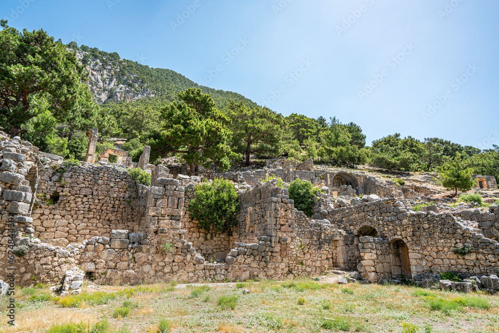 The scenic view of Arycanda or Arykanda was a rich but remote city built upon five large terraces high on a mountain slope, today located near the  village of Aykiriçay on the Elmalı-Finike road.