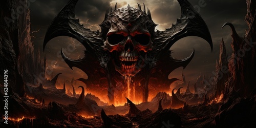 Terrifying giant skeleton skull gateway to demonic lord of hatred in hell, fire and lava landscape of destruction - only death of souls awaits in this evil underworld - generative AI photo