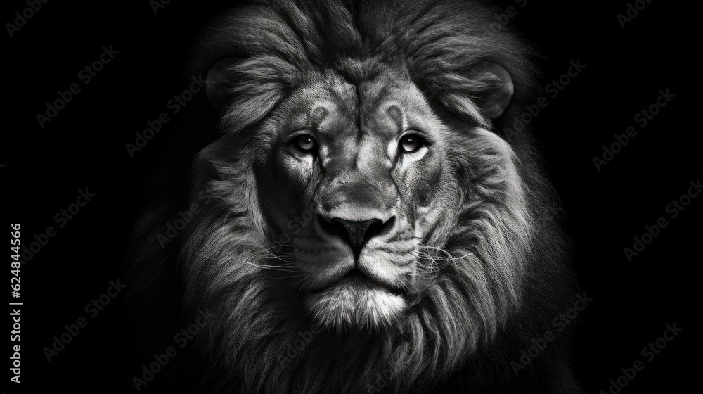 Portrait of a lion on a black background. Black and white. Ai Generative.