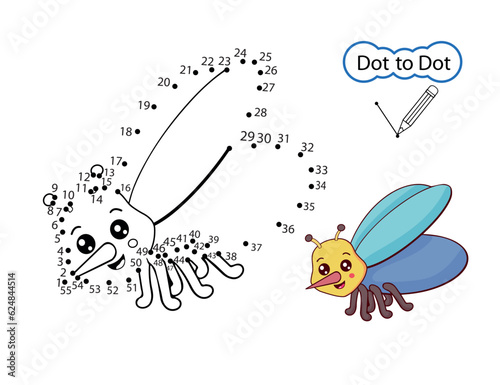 Education dot to dot game. Kids activity riddle worksheet with cartoon mosquito. Finish drawing image of cute insect. Vector illustration.