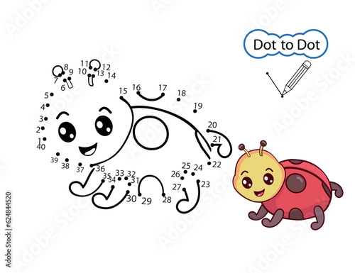 Education riddle dot to dot game. Kids activity learning worksheet with cartoon ladybug. Finish drawing image of cute insect. Vector illustration.