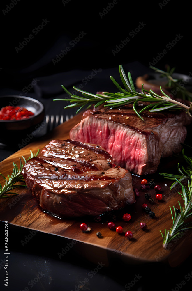 a piece of steak with rosemary and spices