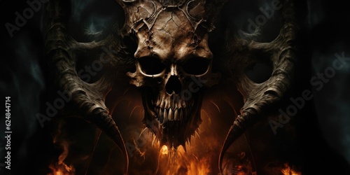 Terrifying giant skeleton skull gateway to demonic lord of hatred in hell, fire and lava landscape of destruction - only death of souls awaits in this evil underworld - generative AI © SoulMyst