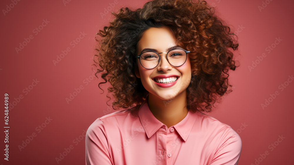Fröhliche, zufriedene und selbstbewusste Frau mit Brille, Portrait, transparenter Hintergrund mit Platz für Text. Generiert mit KI