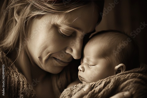Mother hugging her newborn baby , loving, joyful, black and white style, AI generated © Nattawat