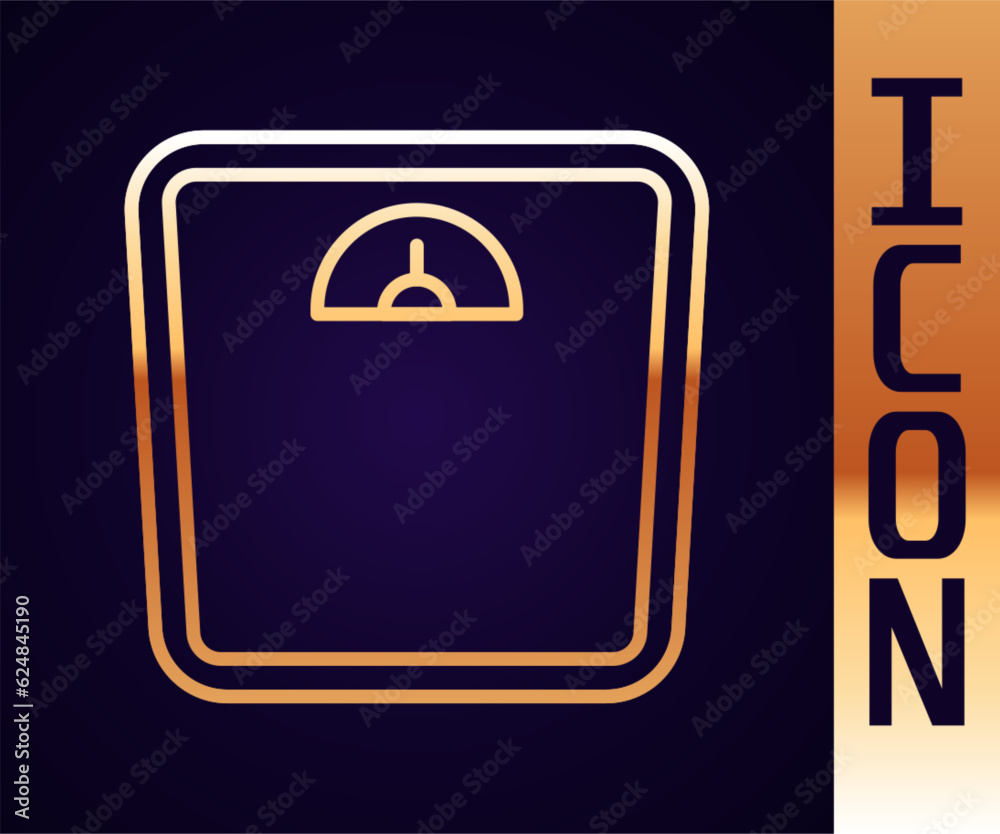 Obraz premium Gold line Bathroom scales icon isolated on black background. Weight measure Equipment. Weight Scale fitness sport concept. Vector