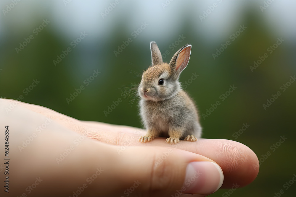 Fototapeta premium tiny small bunny sitting on a finger tip, ai generated