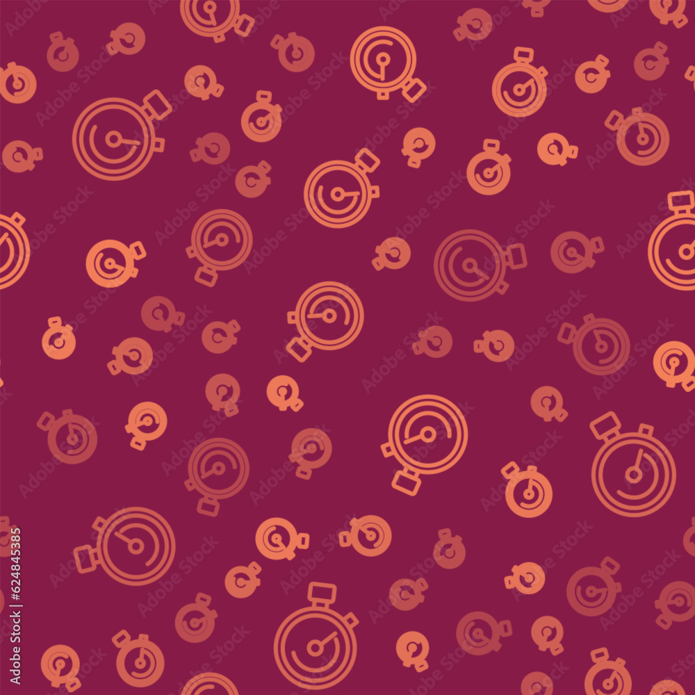 Brown line Stopwatch icon isolated seamless pattern on red background. Time timer sign. Chronometer sign. Vector Brown line Stopwatch icon isolated seamless pattern on red background. Time timer sign. Chronometer sign. Vector