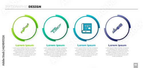 Set Hunting gun, Bayonet on rifle, Book with pistol or and Anti-tank hand grenade. Business infographic template. Vector