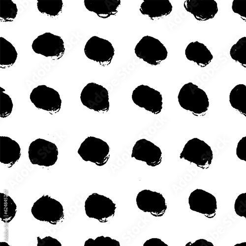 Polka dot grunge seamless pattern. Rough Circle brushstrokes and rounded shapes. Hand drawn abstract ink background. Smears, circles, dots, splotches, blobs. Abstract vector textile print