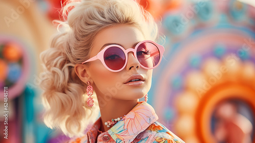 Portrait of a happy fair-haired woman in sunglasses Colourful psychedelic 1970s. AI generative.