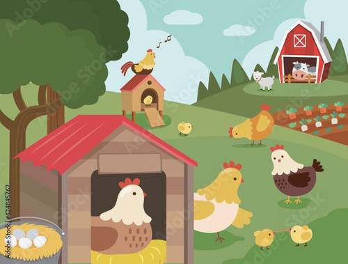 Illustration set of cute farm animals and farm house.