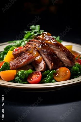 Cantonese Roast Duck, garnished with fresh lettuce and vibrant cherry tomatoes on a white plate