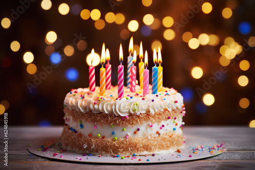 Celebratory Birthday Cake with Candles Illuminated by Vibrant Bokeh Lights. created with Generative AI