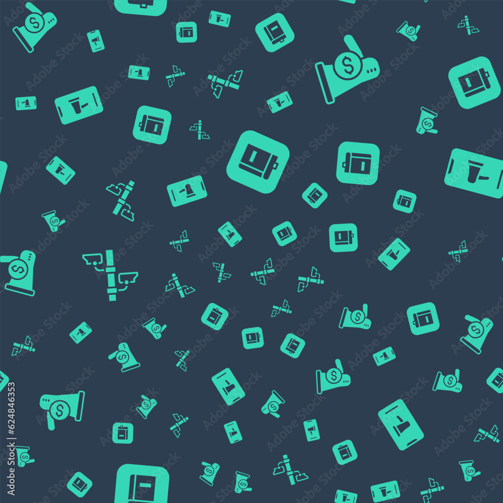 Set Law book, Megaphone and dollar, Security camera and Protest on seamless pattern. Vector
