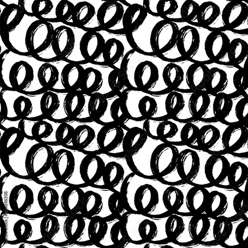 Swirled grunge lines seamless pattern. Bold dry brush strokes, swirls, curly lines. Black paint textured hand drawn vector background. Doodle and freehand ornament for wrapping paper.