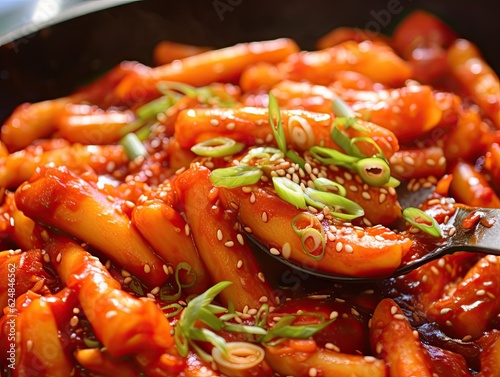 Top view flat lay shot of rabokki, tkeokbokki or topokki with ramen, a Korean street food spicy rice cakes in red pepper gochujang sauce and sesame seed. Generative AI. photo