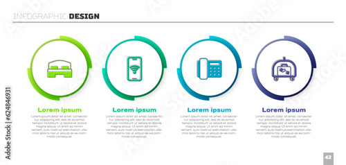 Set Hotel room bed, Mobile with wi-fi wireless, Telephone handset and luggage cart. Business infographic template. Vector