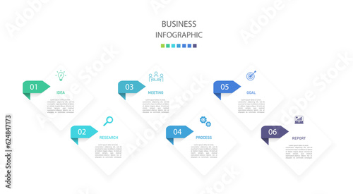 Business infographics line process with template with icons and 6 options or steps.infographics of business,idea,research,meeting,process,goal,report.for infographics design template