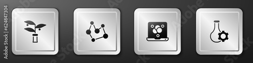 Set Plant breeding, Chemical formula, and Test tube icon. Silver square button. Vector