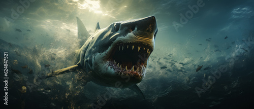 angry shark underwater, big creature, deep in sea,
