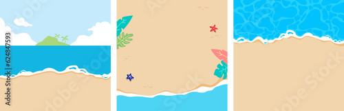 Beach  background, Three set of vector illustrations on the beach and wave hand drawings for a poster, banner and card
