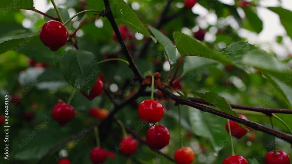 A ripe tart red cherry hangs on a tree branch. A ripe cherry hangs on a cherry tree. Cultivation of cherries. A ripe tart red cherry hangs on a tree branch. A ripe cherry hangs on a cherry tree. Cultivation of cherries.