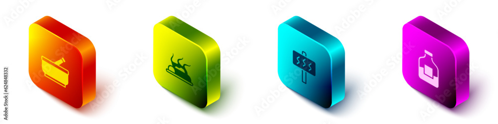 Set Isometric Mortar and pestle, Campfire, Sauna and Bottle of vodka icon. Vector Set Isometric Mortar and pestle, Campfire, Sauna and Bottle of vodka icon. Vector