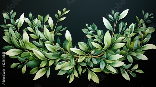 green leaves on black background, background with flowers, bunch of flowers, watercolor wreath of different leaves, background, in the style of mandy generative Ai photo