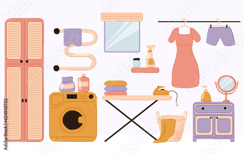 Laundry room interior with washing machine, ironing board, clothes rack, household chemistry cleaning, washing powder and basket. Vector illustration in flat, doodle style.