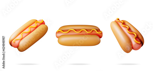 3D Hot Dog with Mustard Set in Different Angles Isolated on White. Render Collection of Hotdog Icon. Sausage with Bun and Mustard. Fast Food Concept. Fat, Unhealthy Food. Cartoon Vector Illustration
