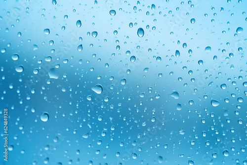 Raindrops on glass. Blue  light background. AI generation