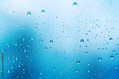Raindrops on glass. Blue, light background. AI generation