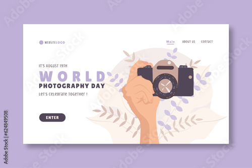 Landing page template for world photography day, vector illustration