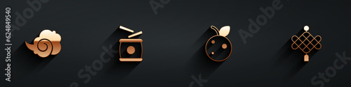 Set Magic fog or smoke, Chinese drum, Peach fruit nectarine and paper lantern icon with long shadow. Vector
