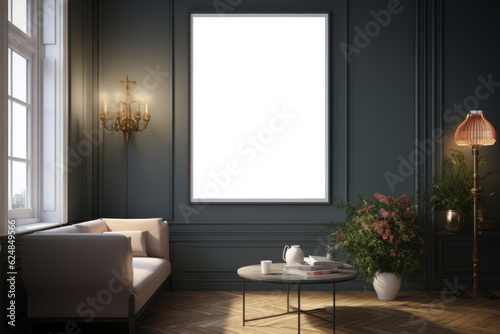 Blank horizontal poster frame mock up in living room interior  modern living room interior background. Generative AI