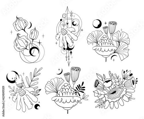 Mystical floral clipart bundle, Mysticism and esoteric concept, Flower moon and fantasy magic plants isolated vector elements