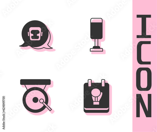 Set Boxing glove, helmet, gong and Punching bag icon. Vector