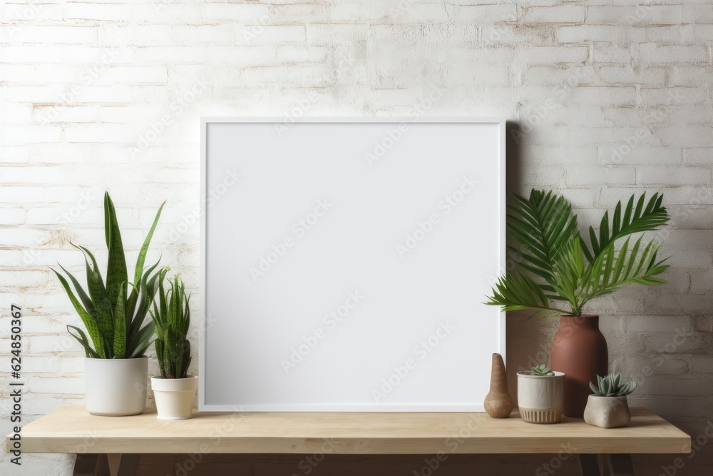 Blank horizontal poster frame mock up in living room interior, modern living room interior background. Generative AI Blank horizontal poster frame mock up in living room interior, modern living room interior background. Generative AI