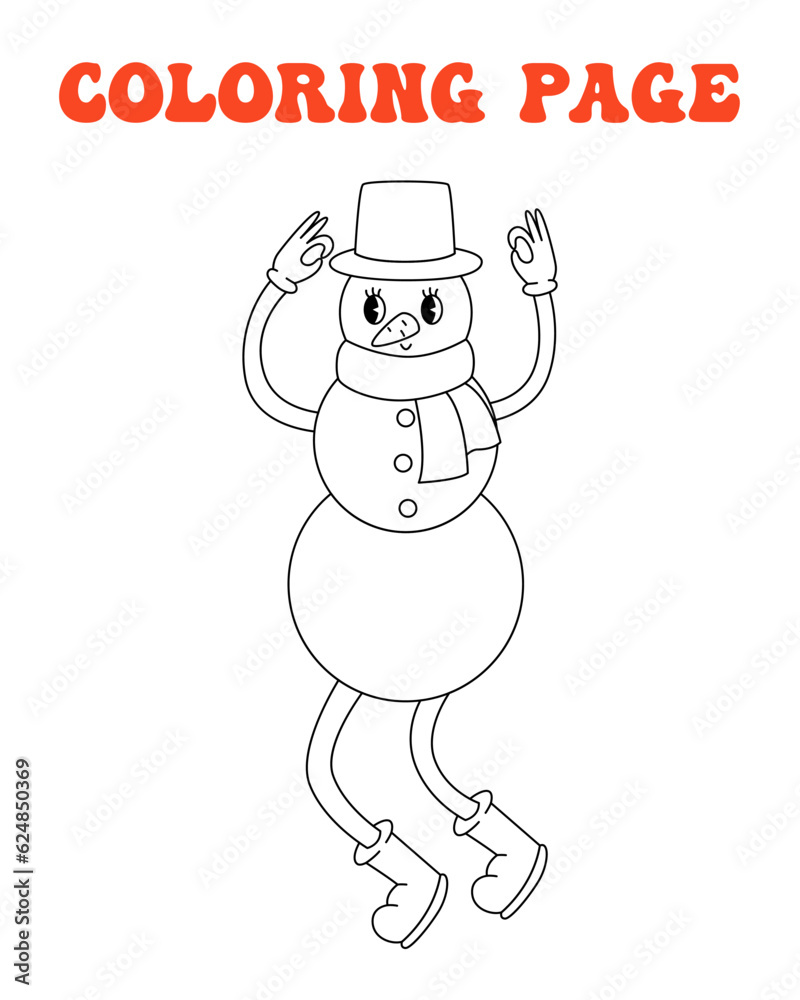70s, 80s groovy coloring page, retro print with line cute snowman. Printable worksheet with solution for school and preschool. Christmas holiday, happy new year. 70s, 80s groovy coloring page, retro print with line cute snowman. Printable worksheet with solution for school and preschool. Christmas holiday, happy new year.