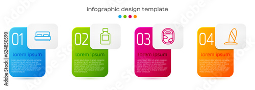 Set line Hotel room bed, Whiskey bottle, Airplane window and Surfboard. Business infographic template. Vector